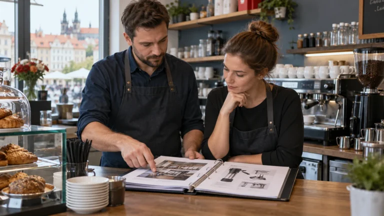 Ilustrace vedoucího kavárny a kolegyně při kontrole provozního manuálu.