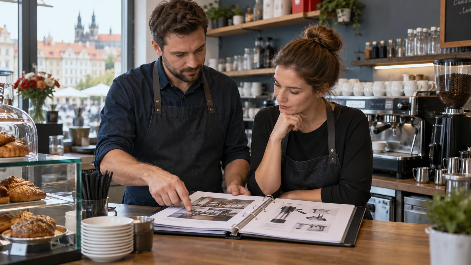 Ilustrace vedoucího kavárny a kolegyně při kontrole provozního manuálu.