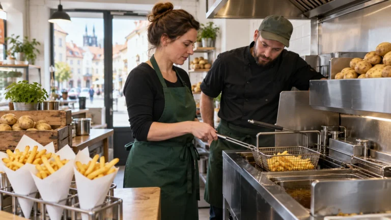 Ilustrace provozovatelky ve fiktivním občerstvení s hranolkami; nejde o fotografii pobočky Faency Fries.