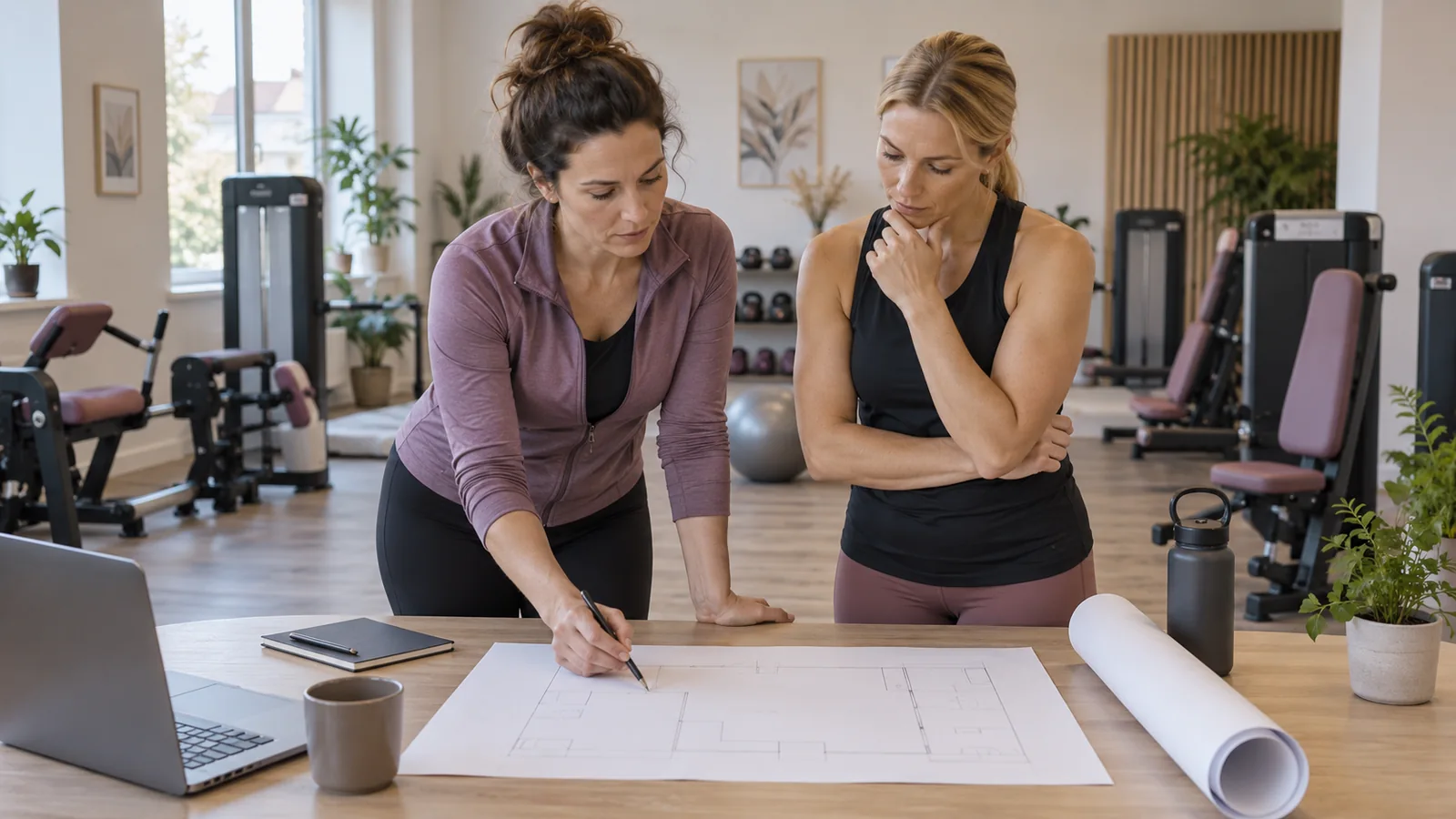 Ilustrace dospělé majitelky a trenérky plánujících fiktivní fitness; nejde o fotografii Contours.