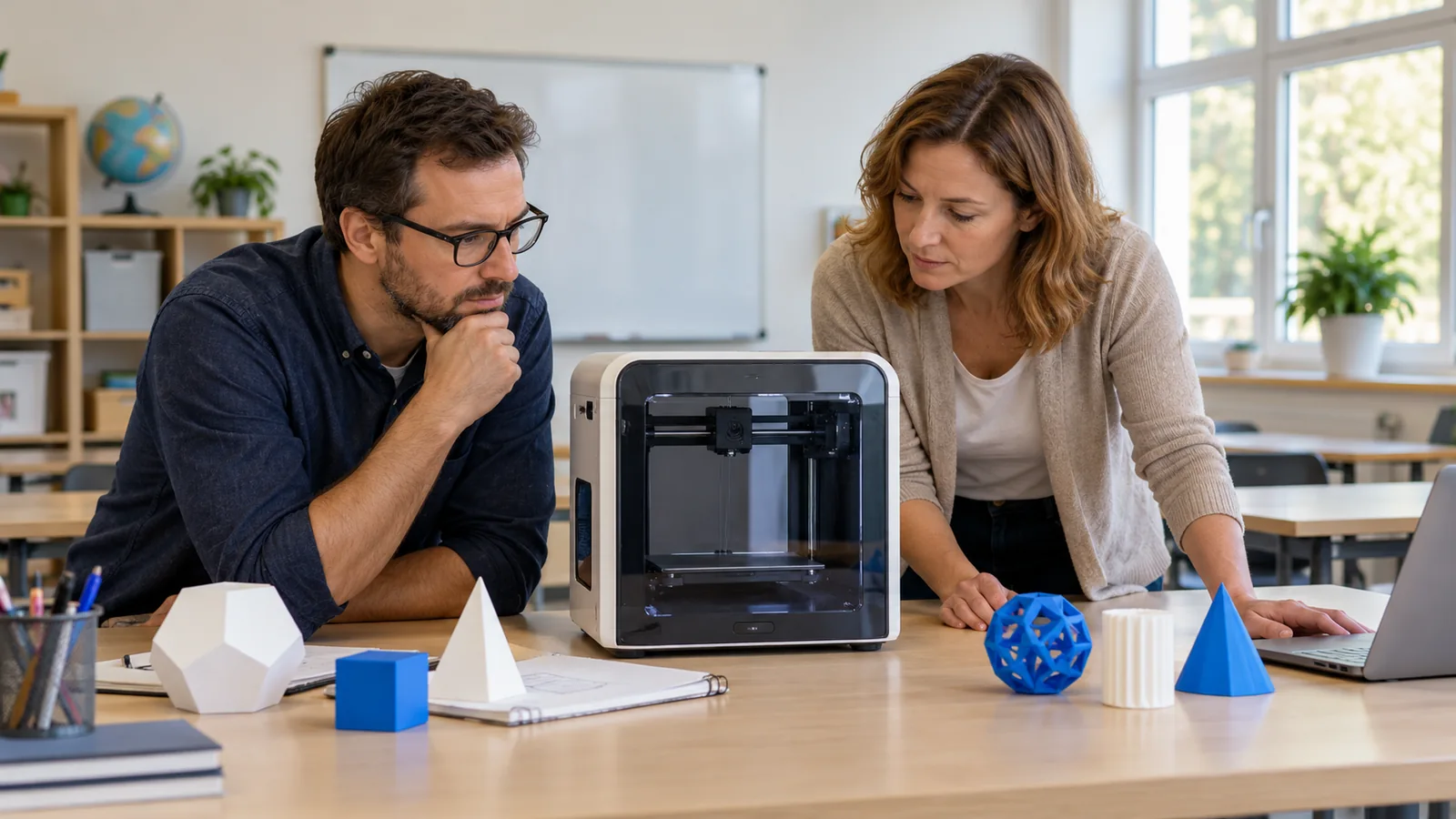 Ilustrace dospělých pracovníků připravujících fiktivní učebnu s 3D pomůckami; nejde o fotografii Edu3D.