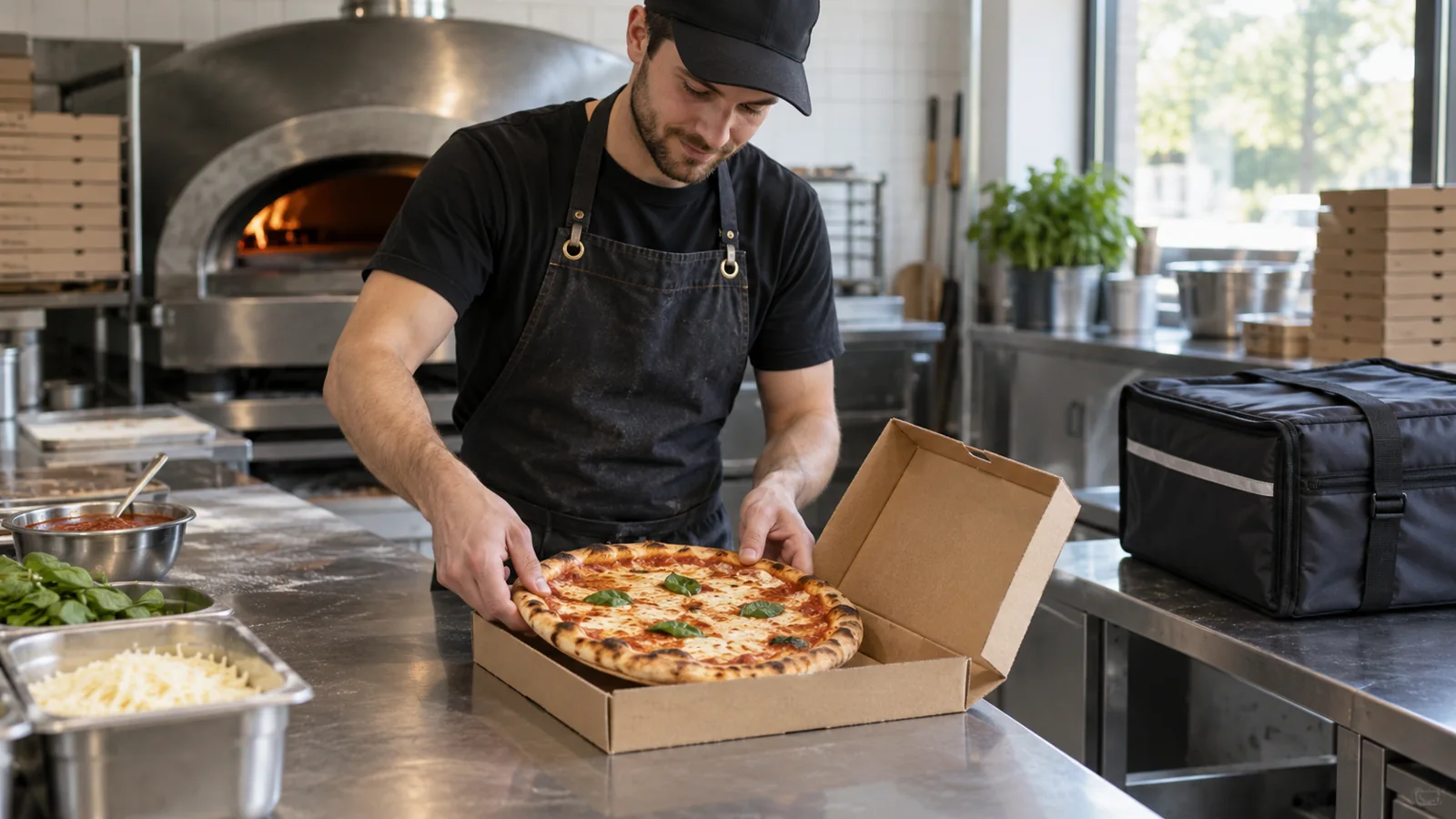 Ilustrace dospělého kuchaře kompletujícího pizzu v krabici ve fiktivní kuchyni.