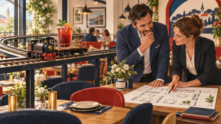 Ilustrace dvou dospělých nad plánem fiktivní restaurace s modelovou železnicí; nejde o skutečnou restauraci Výtopna.