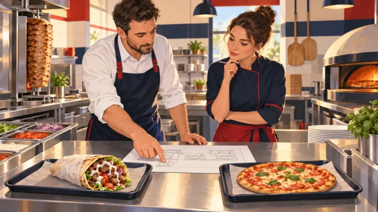 Ilustrace dvou dospělých pracovníků nad plánem ve fiktivní restauraci s wrapem a pizzou; nejde o DON’S.
