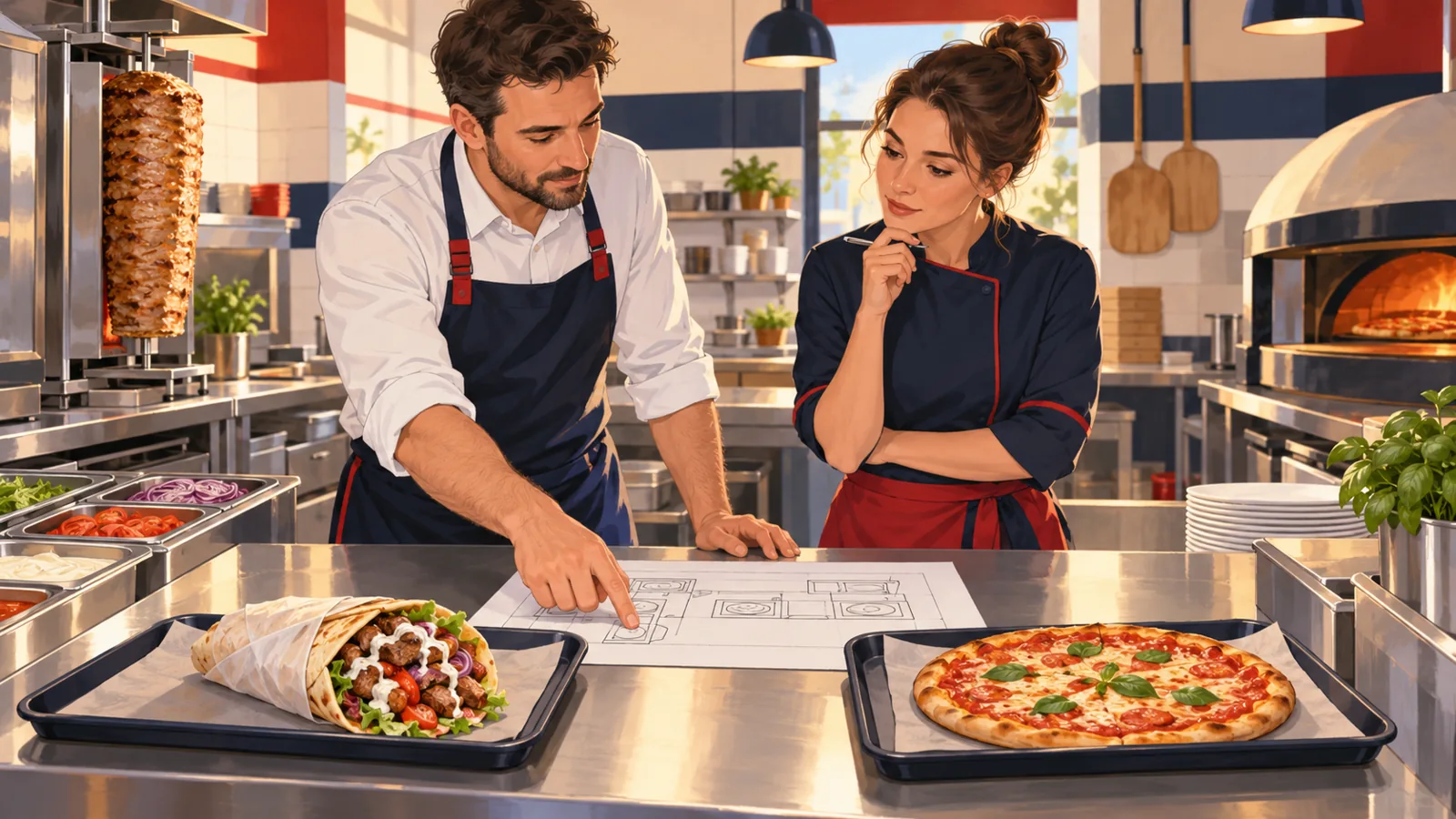 Ilustrace dvou dospělých pracovníků nad plánem ve fiktivní restauraci s wrapem a pizzou; nejde o DON’S.