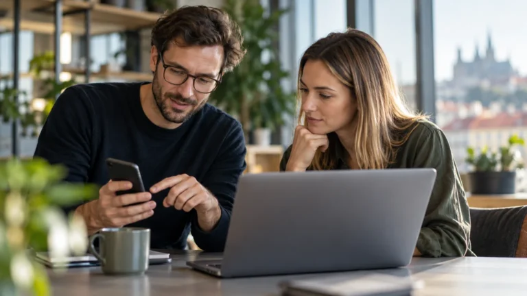 Muž a žena společně zkoušejí digitální produkt na notebooku u stolu.