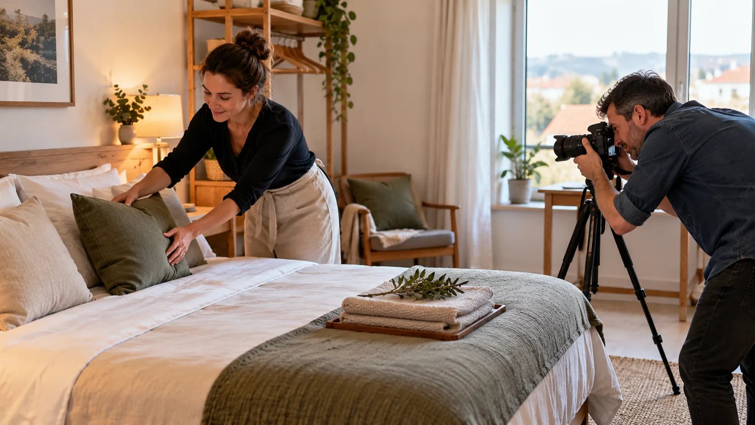Dva dospělí lidé připravují ložnici a fotografují její interiér.