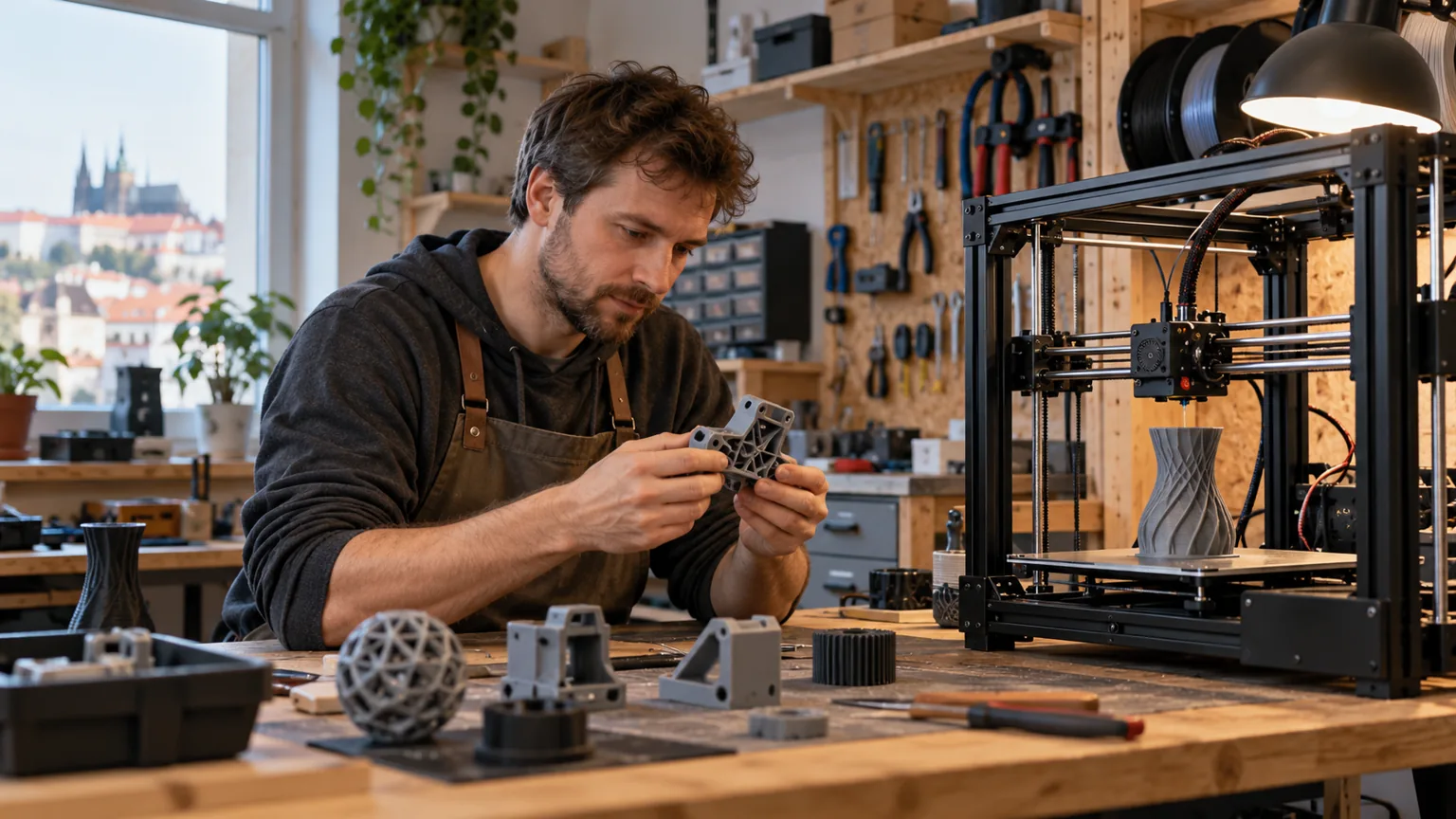 Muž kontroluje součástku vedle stolní 3D tiskárny v dílně.