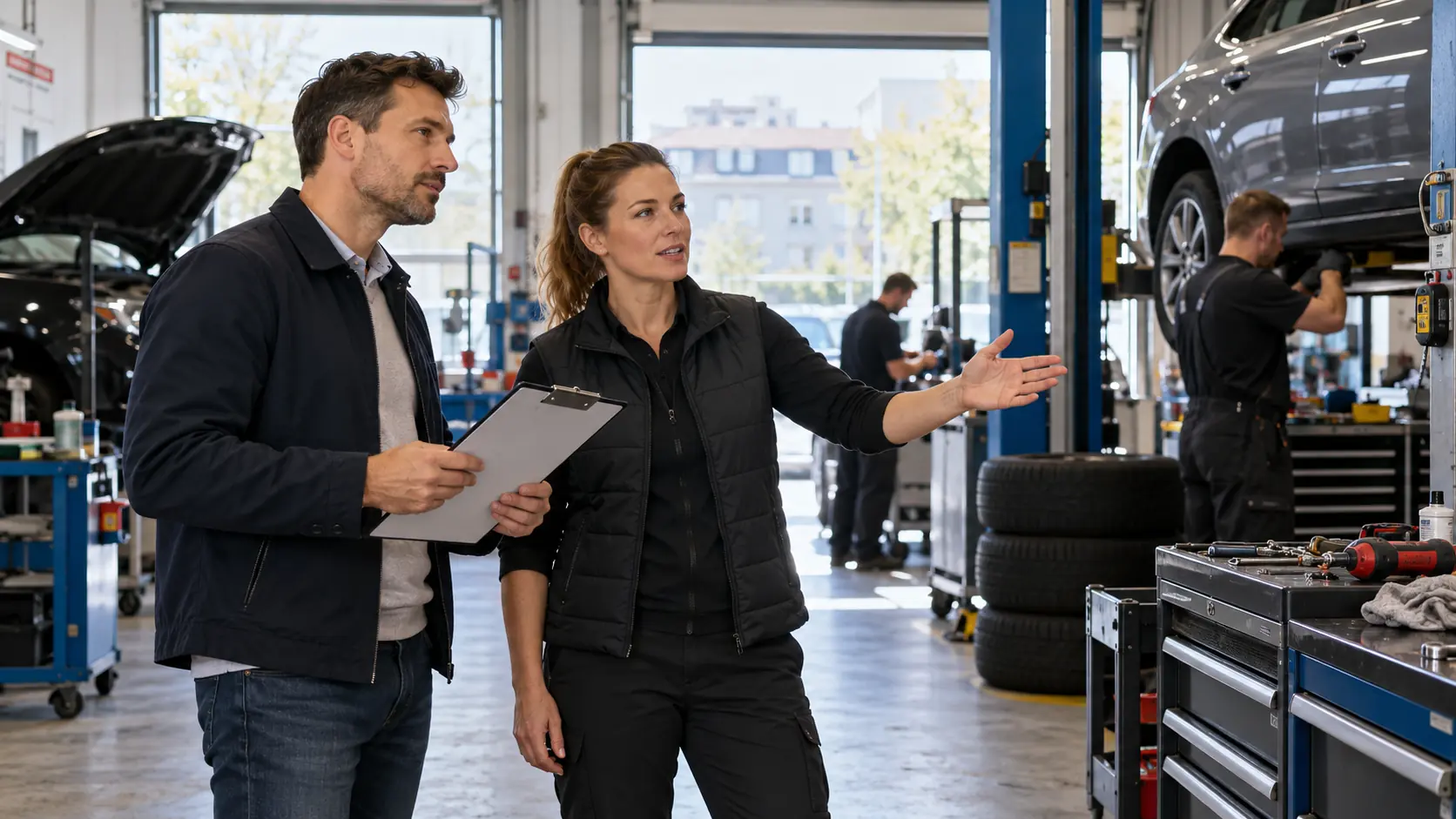 Dva vedoucí procházejí provoz autoservisu a probírají práci týmu
