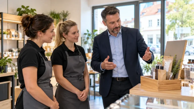 Manažer probírá s pracovnicemi podobu místní nabídky v pobočce