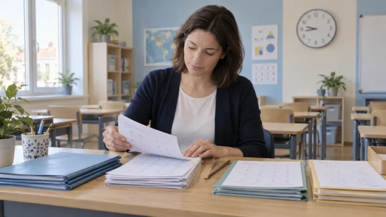Ilustrace dospělého instruktora s podklady ve fiktivním vzdělávacím centru; nejde o skutečné centrum Kumon.