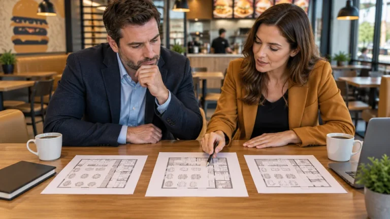 Ilustrace kolegů nad plánem fiktivní burgerové restaurace; nejde o skutečnou pobočku Burger King.