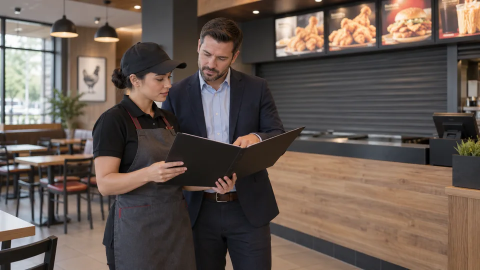 Ilustrace kolegů nad pracovním podkladem ve fiktivní restauraci; nejde o skutečný provoz KFC.