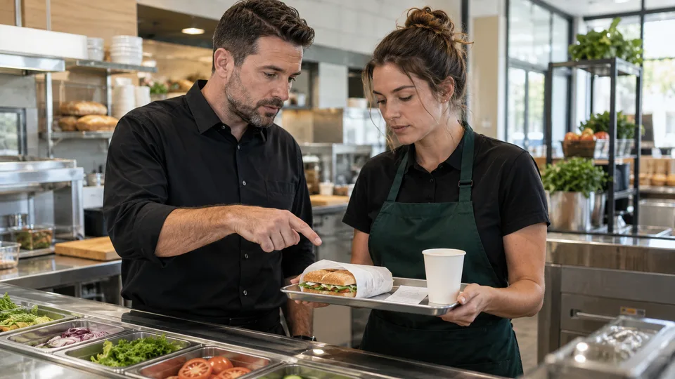 Ilustrace kolegů ve fiktivním sendvičovém obchodě; nejde o skutečnou pobočku Subway.