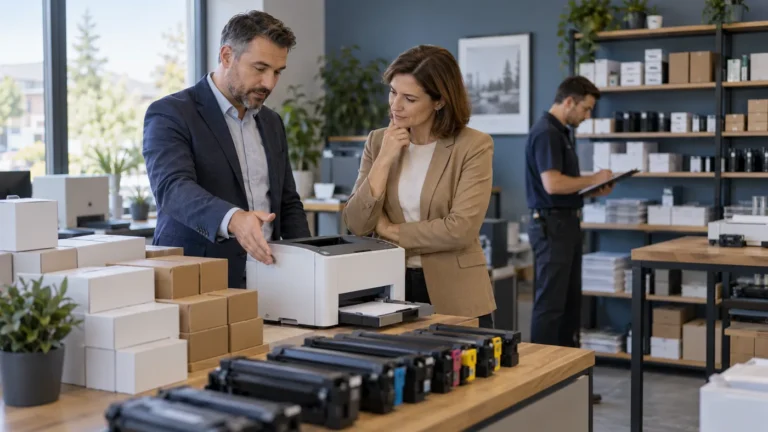 Dva zájemci porovnávají tiskárnu ve fiktivním servisním showroomu.