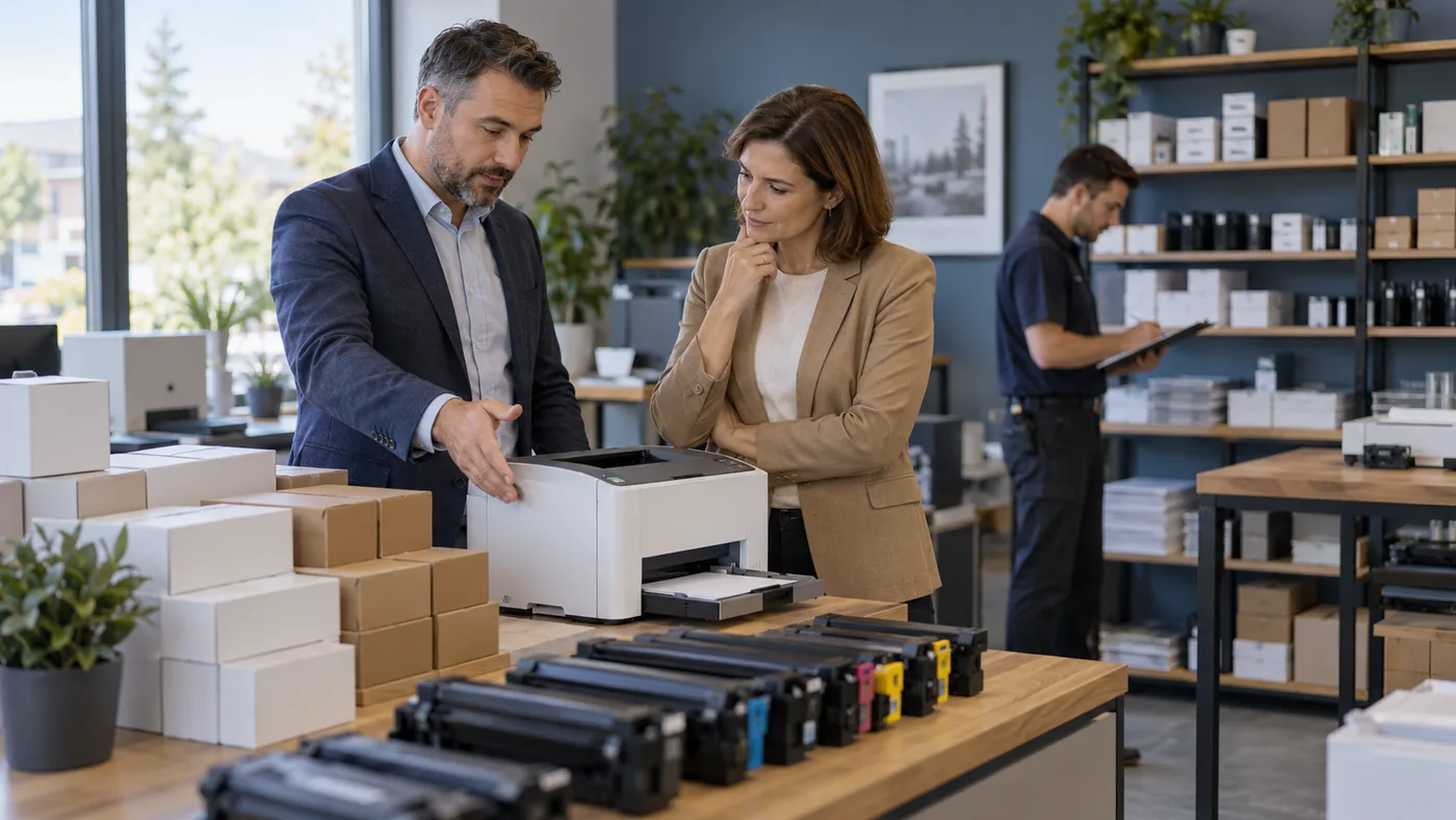 Dva zájemci porovnávají tiskárnu ve fiktivním servisním showroomu.