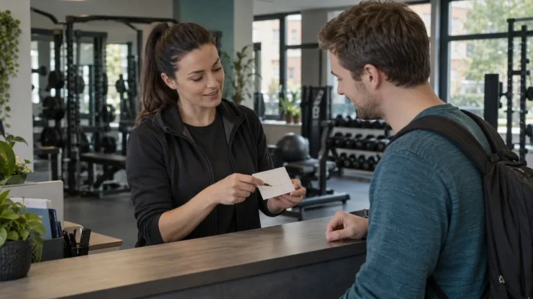 Pracovnice vítá nového člena ve fiktivním fitness studiu.