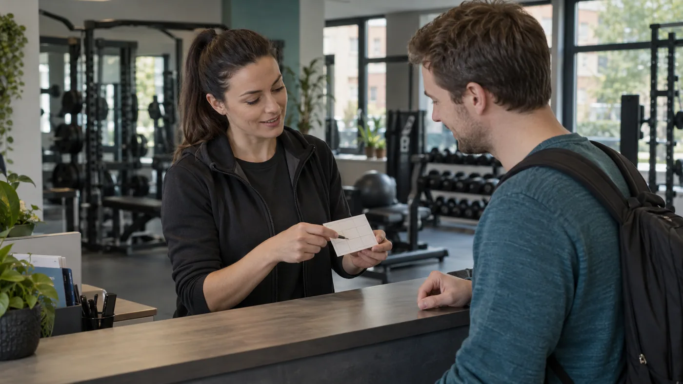 Pracovnice vítá nového člena ve fiktivním fitness studiu.