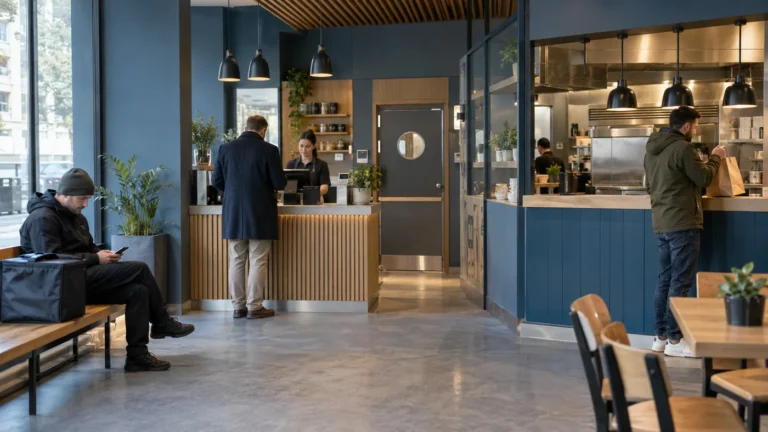 Oddělená místa objednávání a vyzvednutí ve fiktivní restauraci.