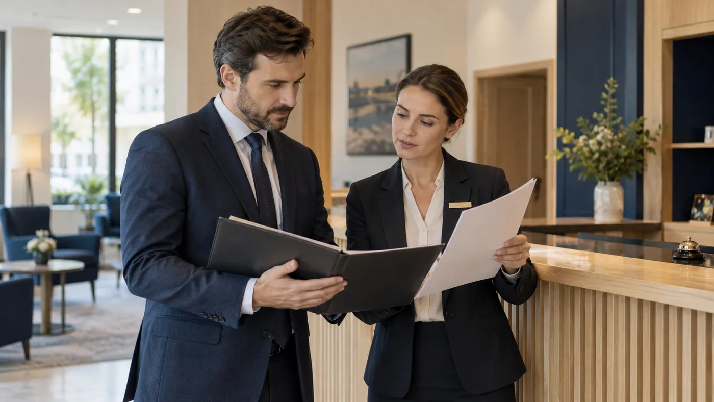 Dva lidé porovnávají podklady k fiktivnímu hotelu u recepce.
