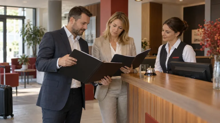 Dva lidé a recepční porovnávají blankové podklady ve fiktivním hotelu.